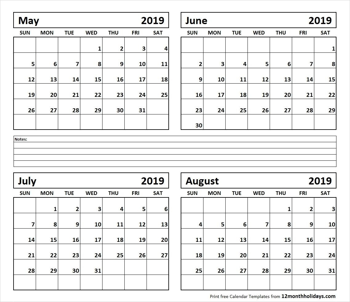 Printable Blank Four Month May June July August 2019-Printable Blank Four Month Calendar