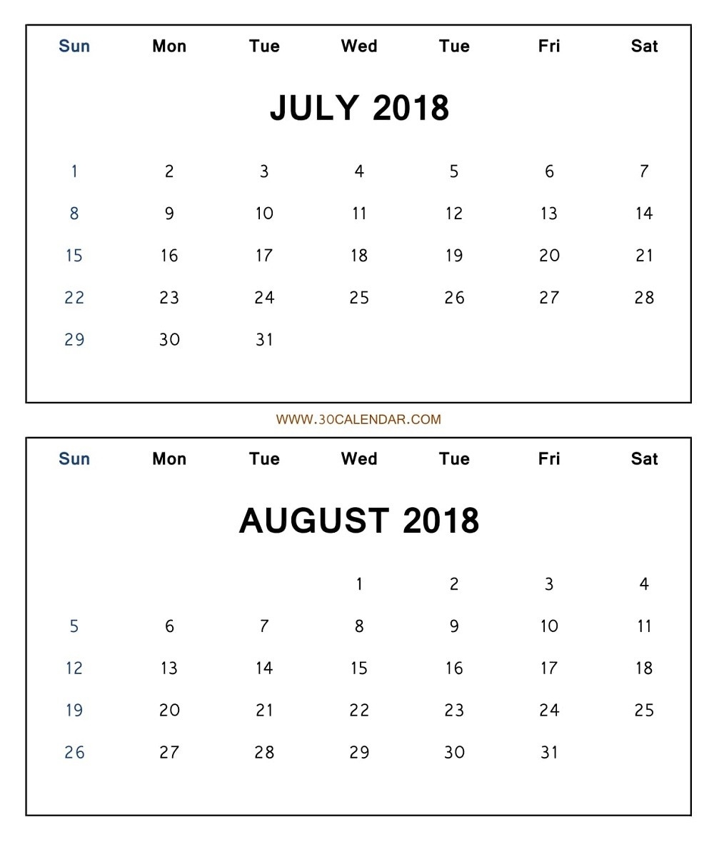 Printable Calendar 2018 July August Free | Two Month Template-Blamk Calendar Template July/august