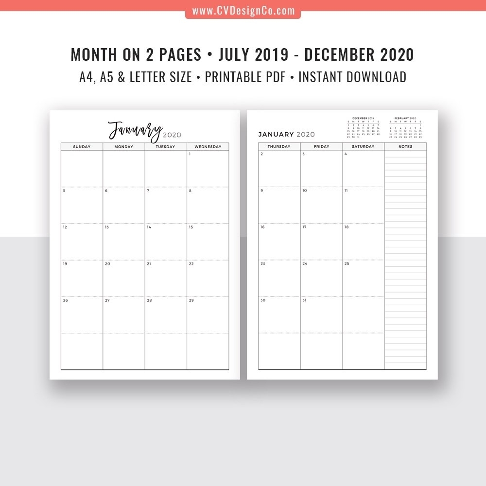 Printable Calendar 2020 Monthly On 2 Pages | Monthly-2 Page Monthly Calendar Template 2020