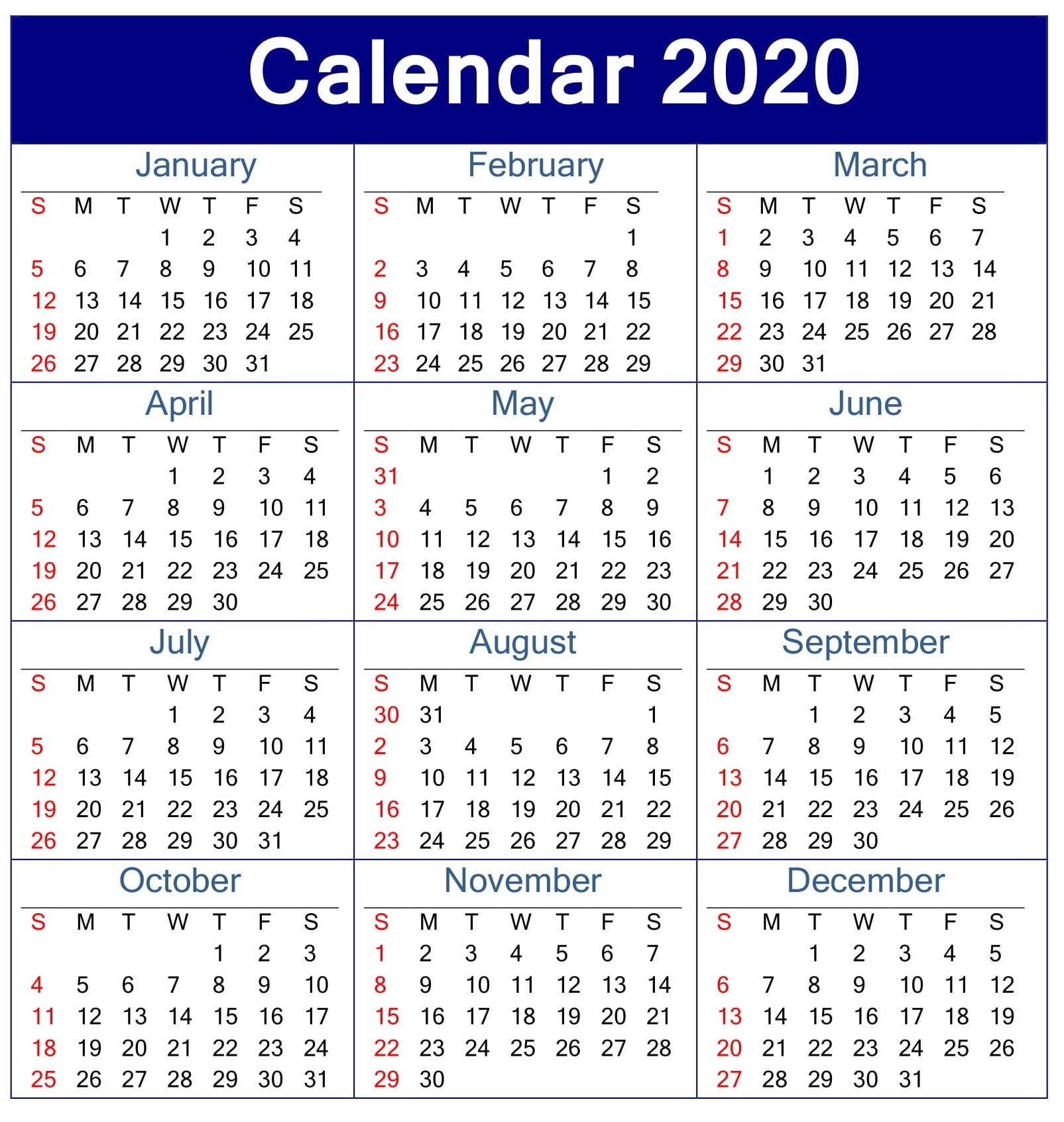 Printable Calendar 2020 Pdf Template – Free Latest Calendar-2020 Employee Attendance Template