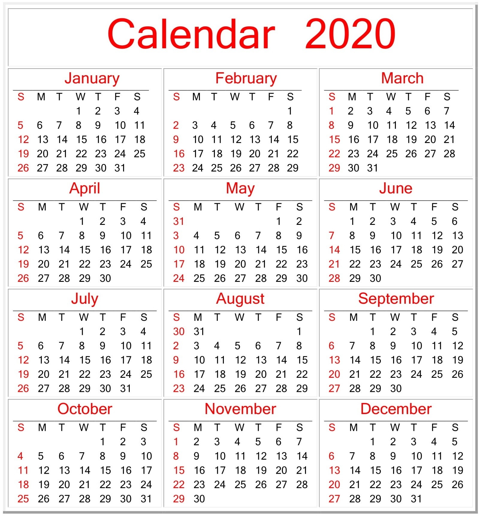 Printable Calendar 2020 Pdf Template – Free Latest Calendar-Print Blank Attendance Calendar 2020
