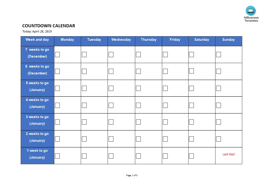 Printable Countdown Calendar | Templates At-Excel Countdown Calendar Template