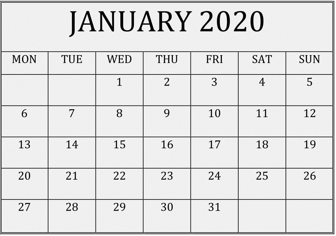 Printable January 2020 Calendar Editable Pages – Free Latest-2020 Calendar Template Fillable Pdf