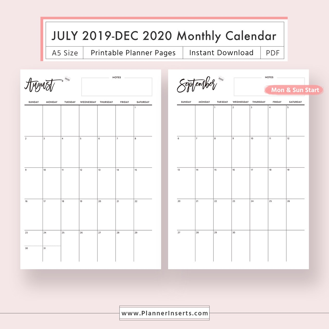 Free Printable Two Page Monthly Calendar 2020