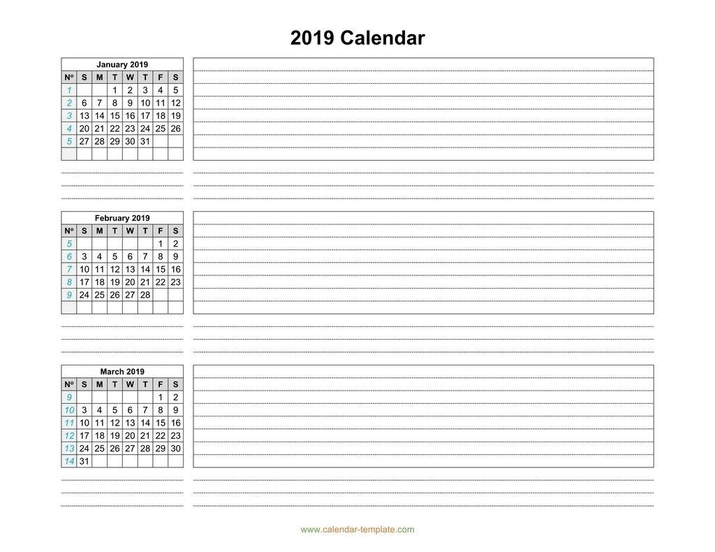 Quarterly Calendar 2019 Template, Three Months Per Page Free-Calendar Templates 3Months Per Page