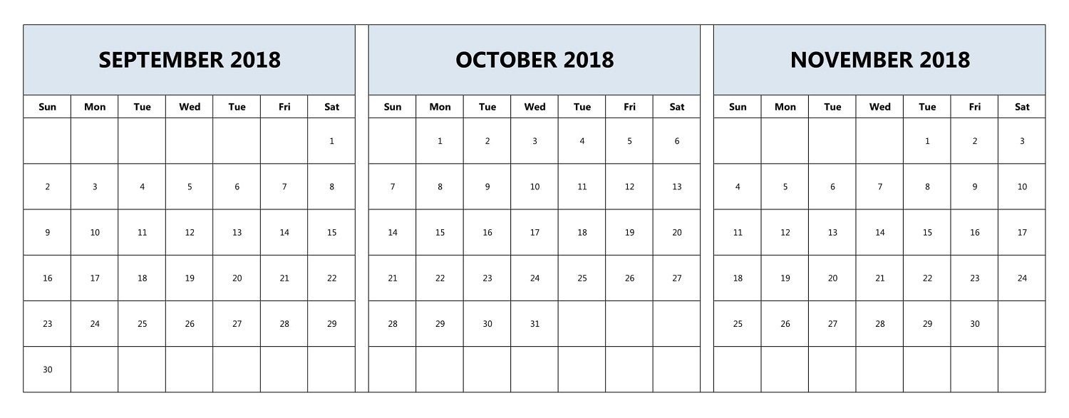 September October November 2018 Calendar Printable Three-Blank Calendar Printable Three Months Togather