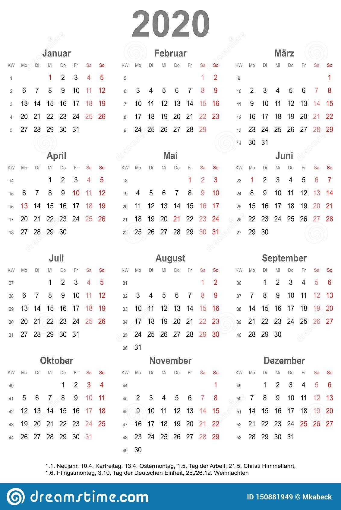 Simple Calendar 2020 With Public Holidays For Germany Stock-Monthly Calendar Printable 2020 Portrait Monday Start