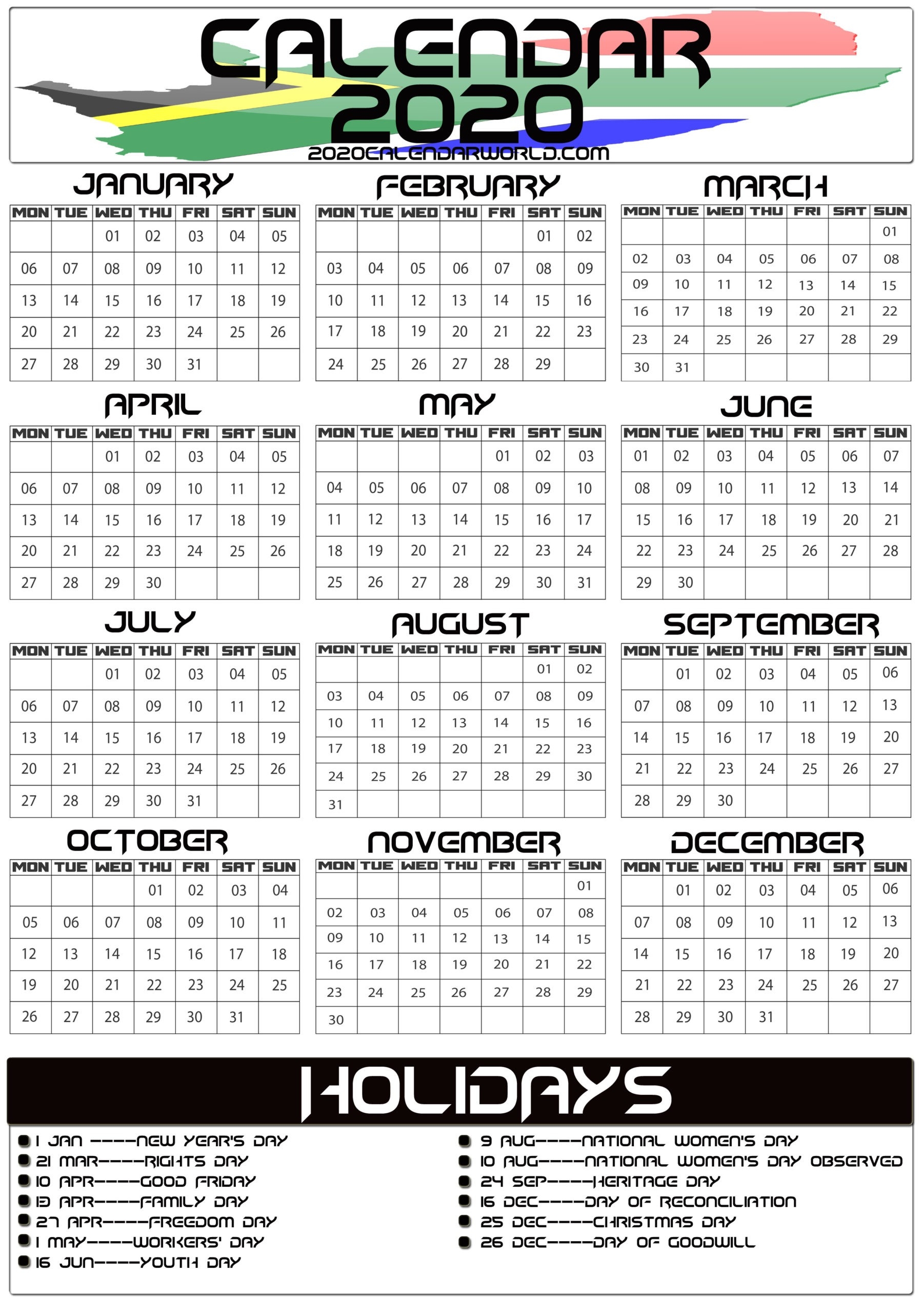 South Africa 2020 Calendar With Holiday Printable Template-South Africa Holidays 2020