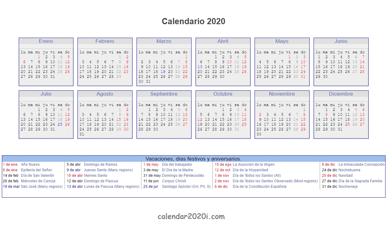 Spanish 2020 Printable Calendar With Holidays, Festivals-Bank Holidays 2020 Europe Calendar