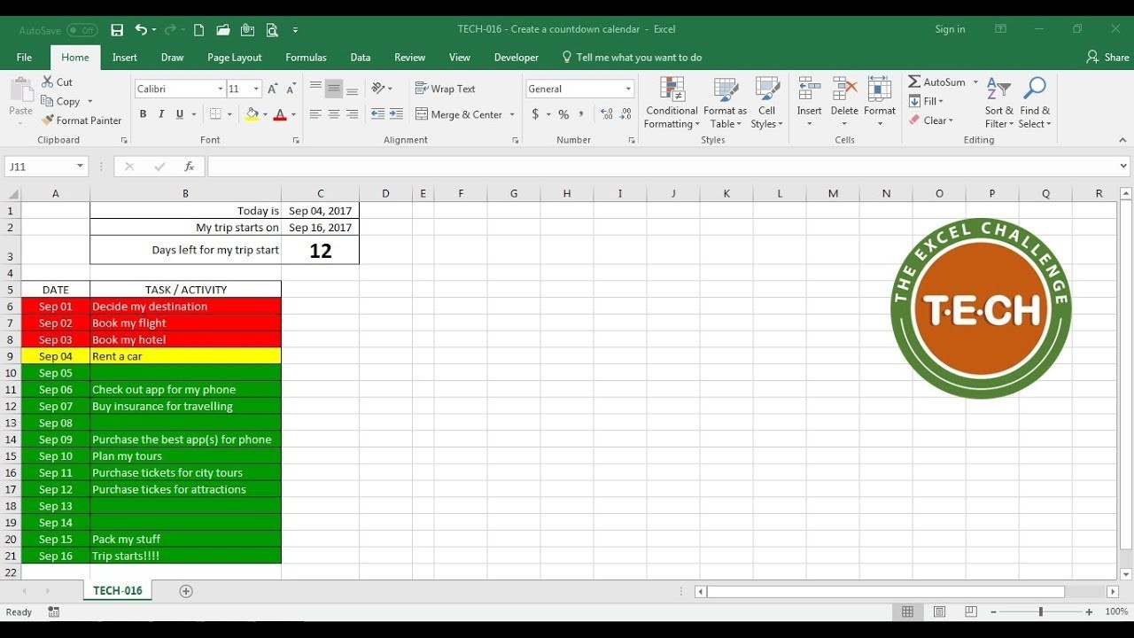 Tech-016 - Create A Countdown Calendar And Combine It With Conditional  Formatting For Each Task-Excel Countdown Calendar Template