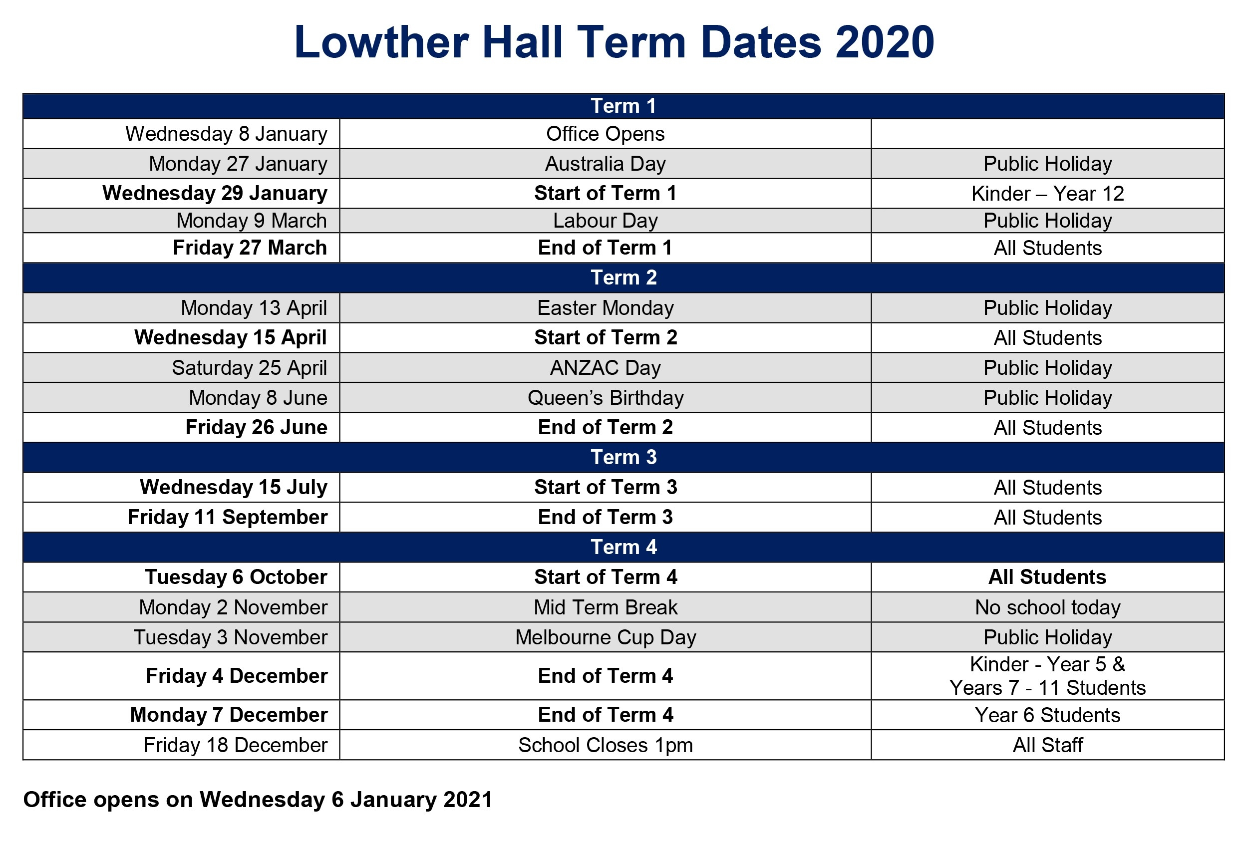 Term Dates - Lowther Hall-Lowther Hall School Holidays