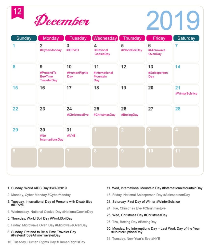 The 2019 Social Media Holiday Calendar - Make A Website Hub-National Food Day Monthly Calendar