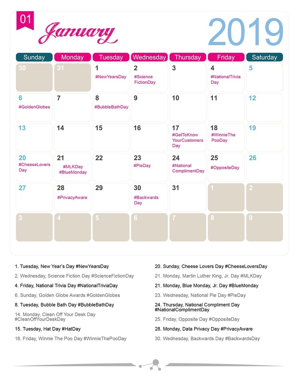 national food days monthly calendar template printable