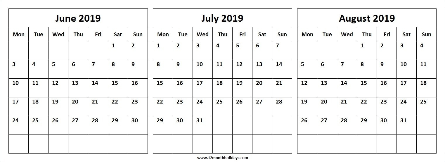 Three Month Calendar June July August 2019 | Editable-Blank Calendar June July August