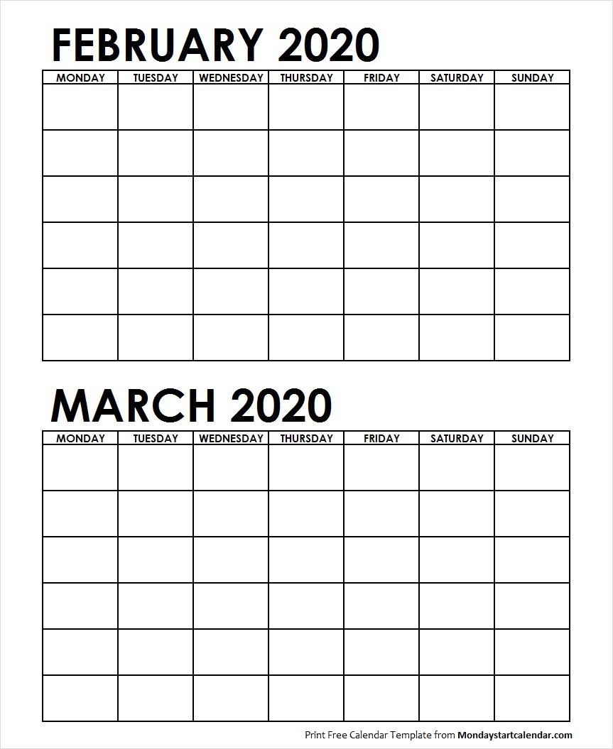 Two Month February March 2020 Calendar Blank Template-Blank Printable 2 Month Calendar