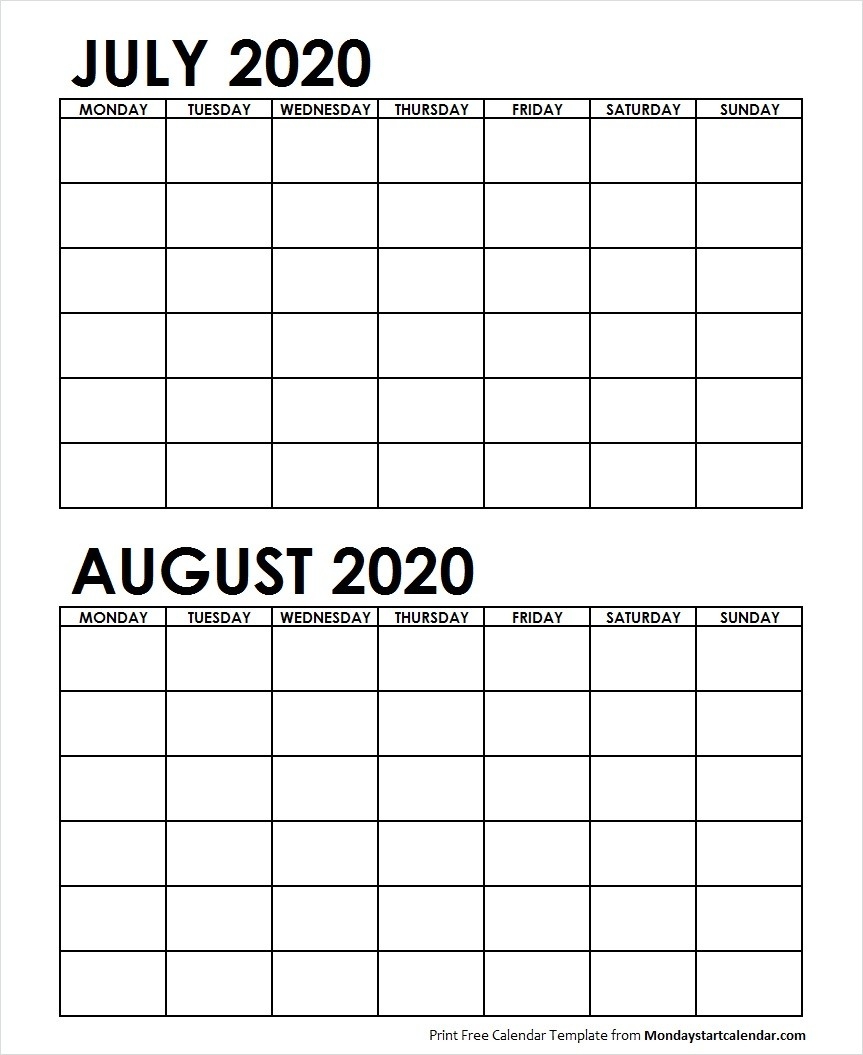 Two Month July August 2020 Calendar Blank | Two Months Template-Monthly Calendar July August 2020