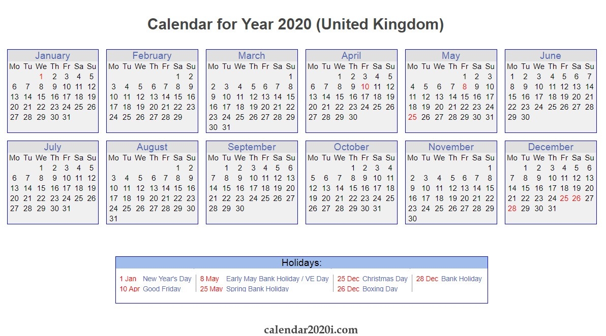 Uk 2020 Calendar Printable, Wallpapers, Holidays, Pdf, Excel-2020 Calendar Showing Bank Holidays