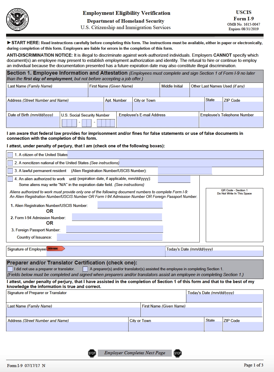 Uscis Form I-9 – Employment Eligibility Verification-Blank I 9 Form 2020 Printable