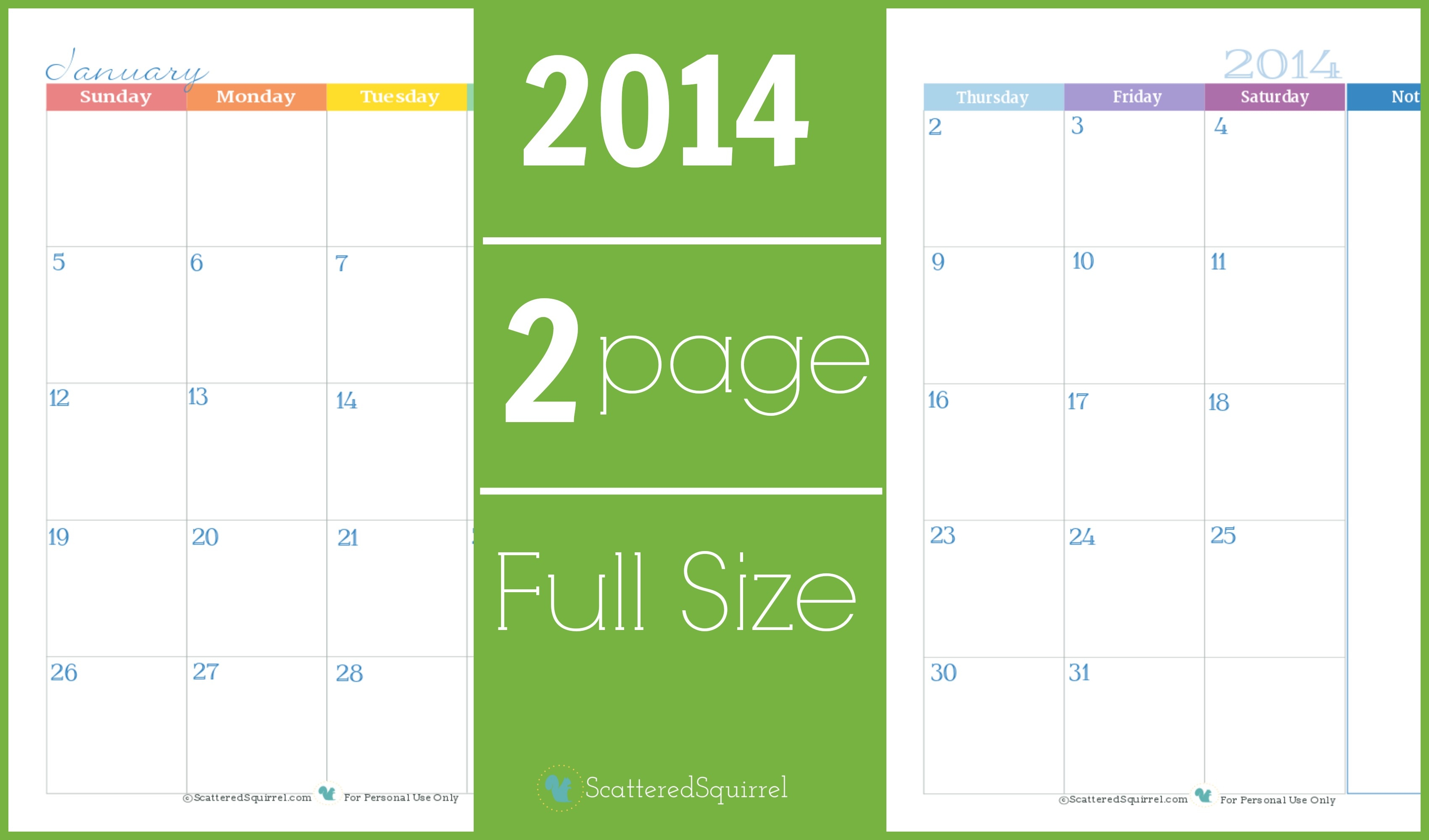 2014 Calendar: Two Page Monthly - Scattered Squirrel-Free Two Page Blank Printable Calendar