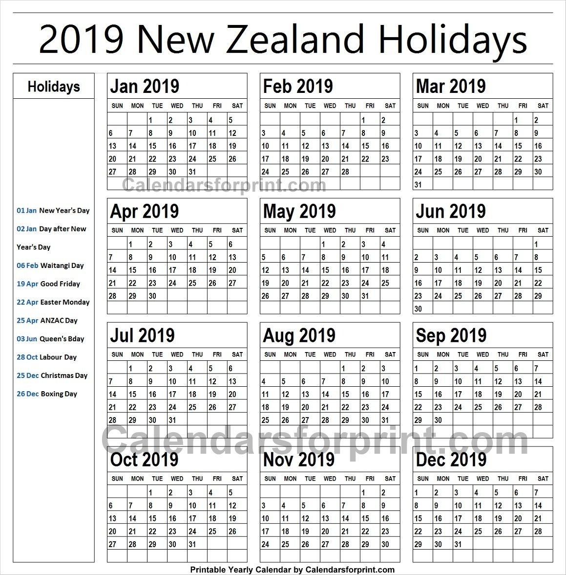 2019 Calendar With Holidays New Zealand Printable | Holiday-School Holidays Nz Calendar