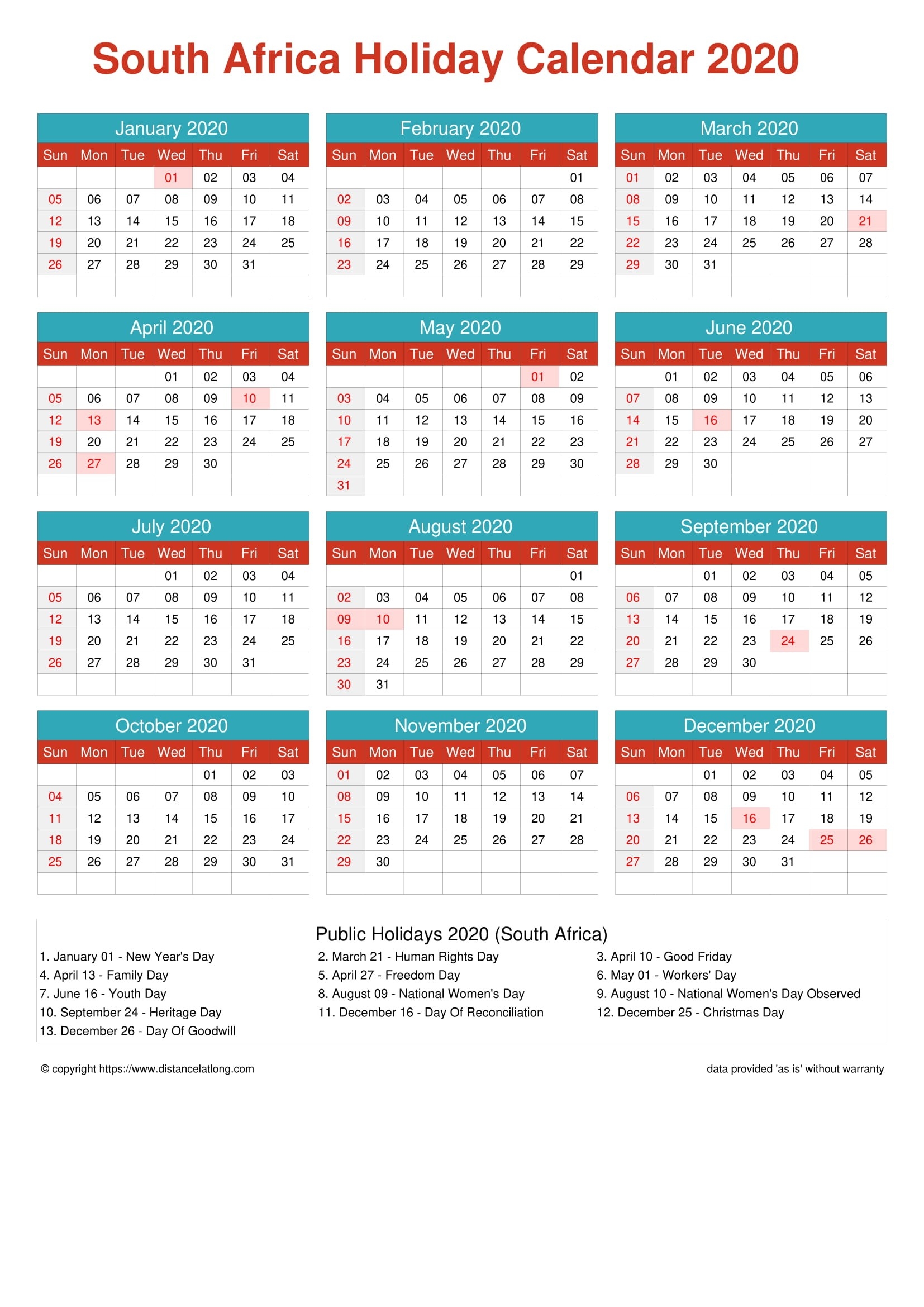 2020 Holiday Calendar Portrait Orientation Free Printable-Sa Calendar With Public Holidays 2020
