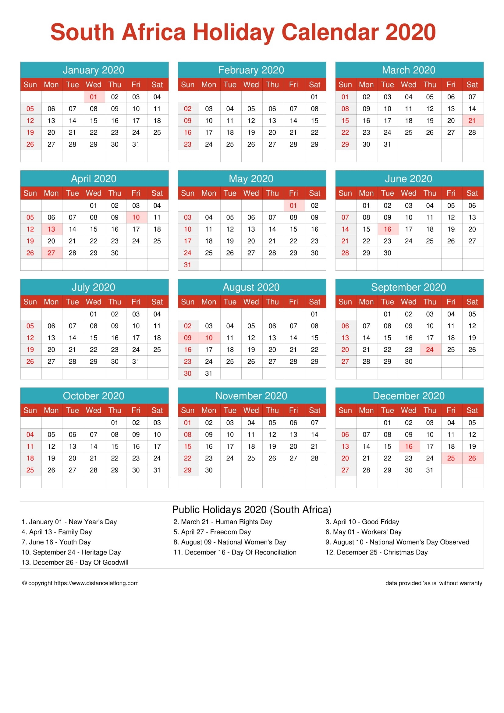 Sa Calendar With Public Holidays 2020 Calendar Template Printable