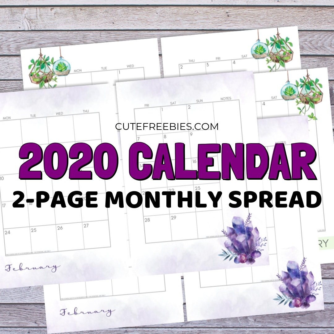 2020 Monthly Calendar Two Page Spread – Free Printable-Free 2 Page Monthly Calendars Printable