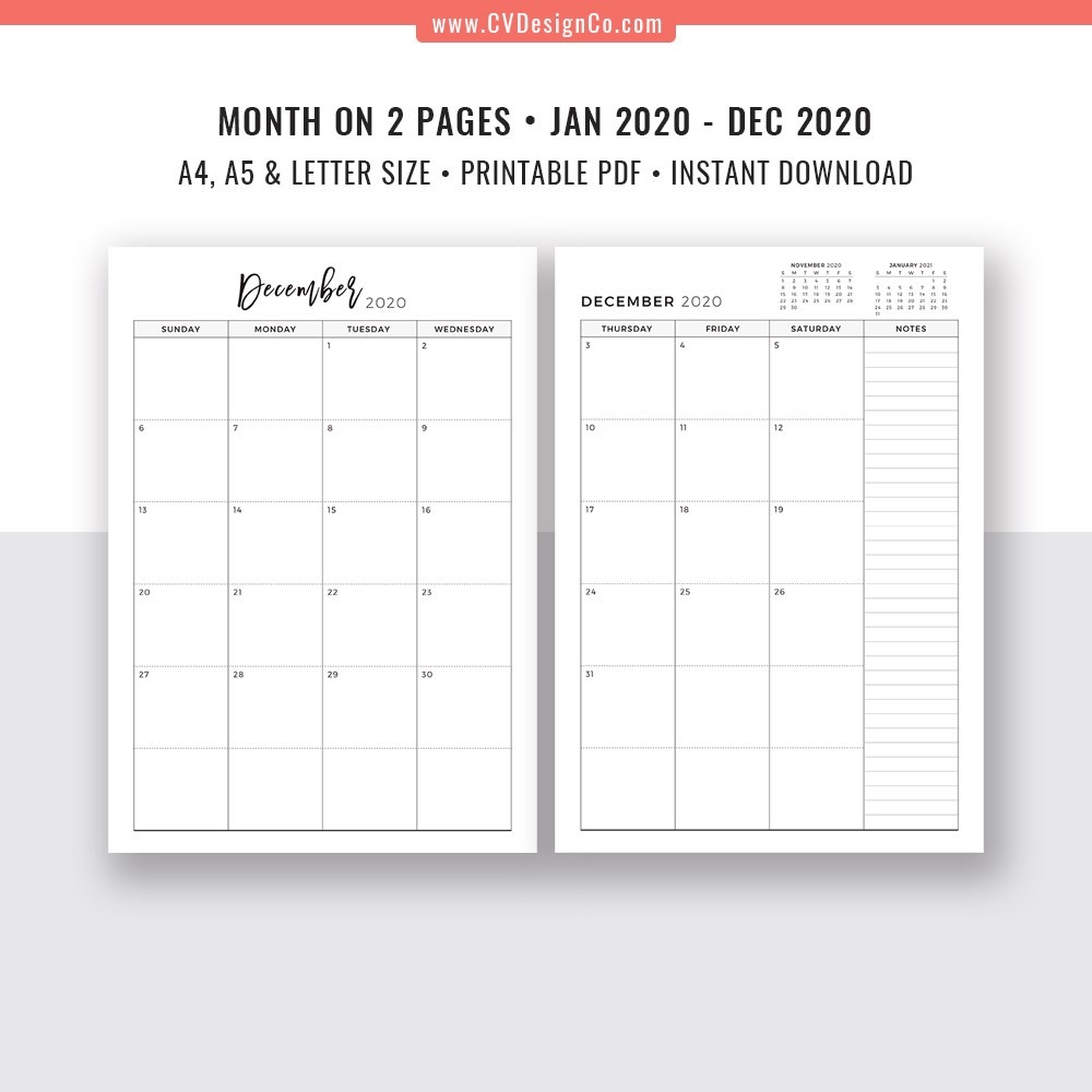 2020 Monthly Planner, 12 Month Calendar, Monthly Organizer, Month On 2  Pages, Printable Planner Inserts, Best Planner Template, Filofax A5, A4,  Letter-2 Page Calendar Printable Template 2020