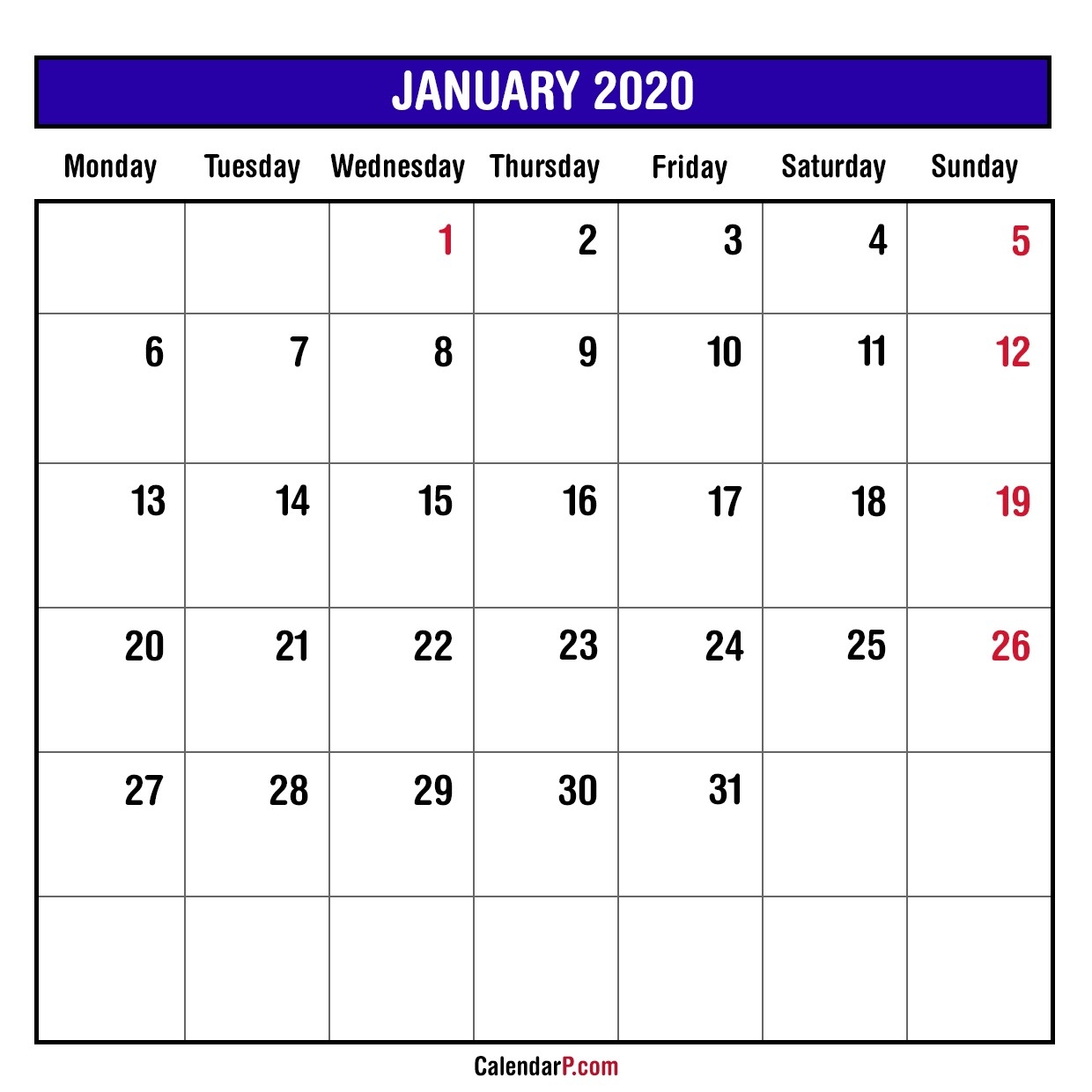 2020 Monthly Planner Printable Free – Monday Start, Blue-Monthly Calendar Monday To Friday