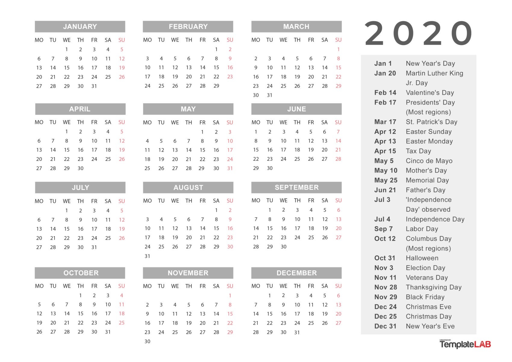 2020 List Of Holidays Printable | Calendar Template Printable