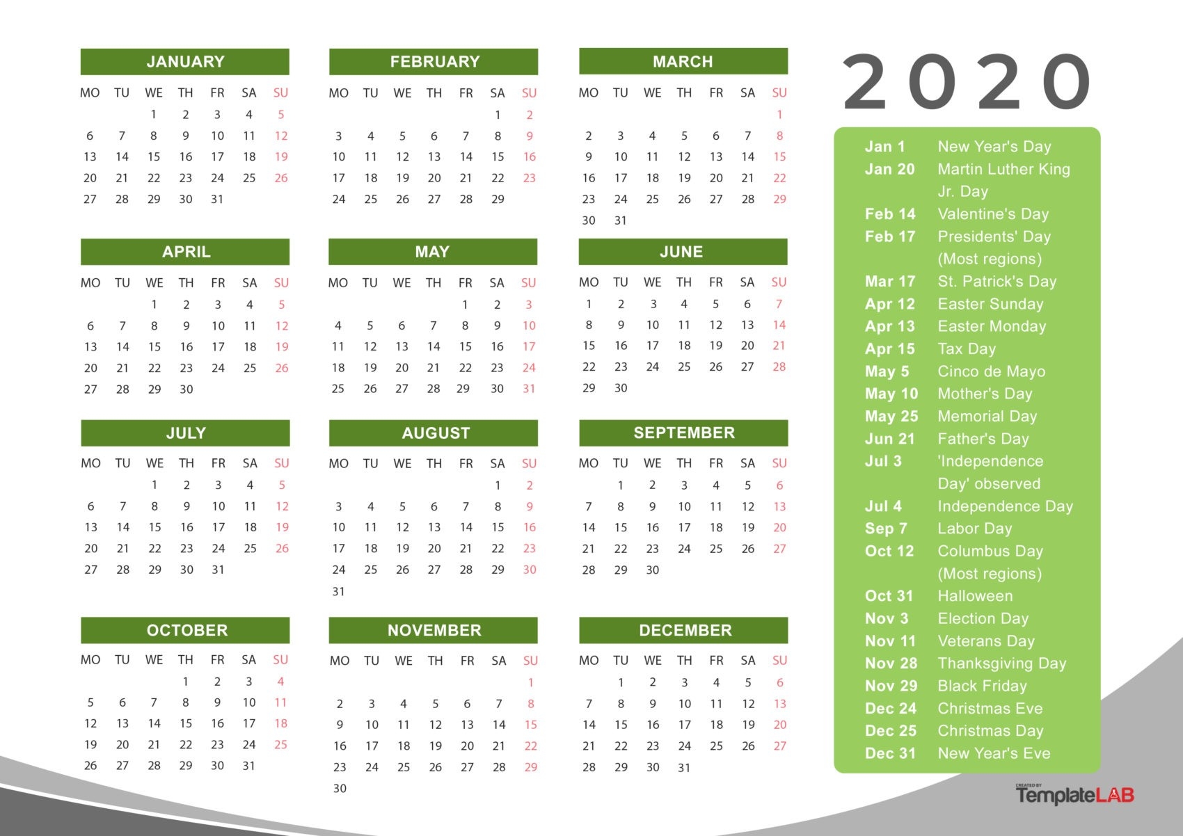 2020 Printable Calendars [Monthly, With Holidays, Yearly] ᐅ-2020 List Of Holidays Printable