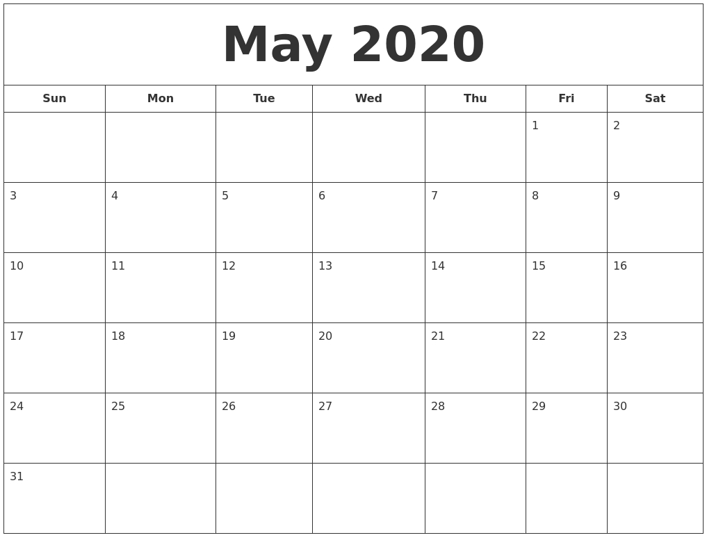 April 2020 Calendar, May 2020 Printable Calendar-Blank Printable Calendar 2020 Monthly