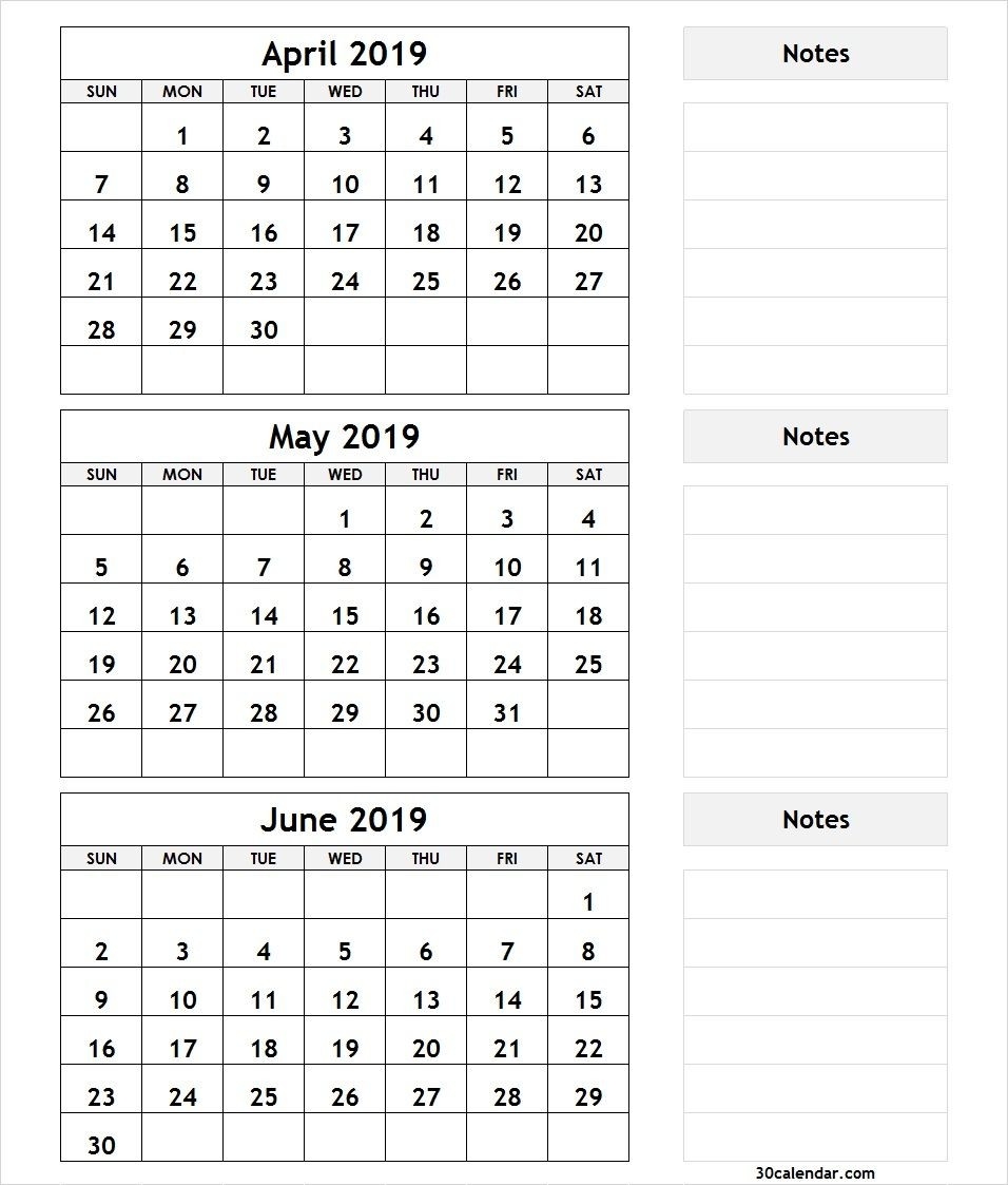 April May June 2019 Calendar Printable Template Pdf, Word-3 Month Blank Printable