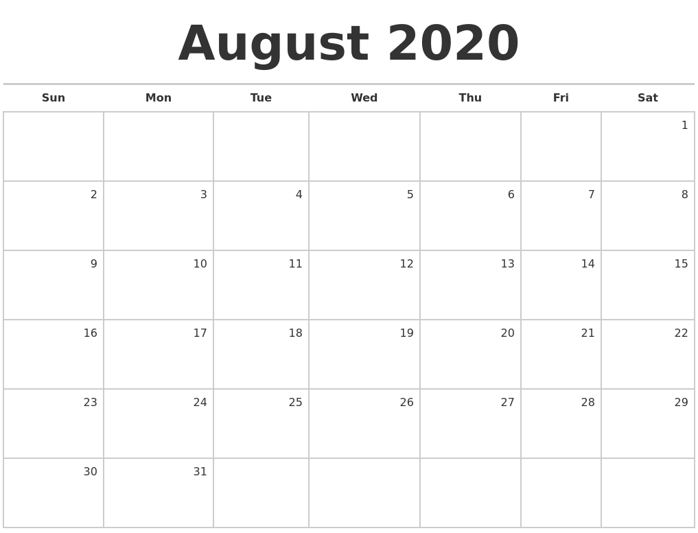 August 2020 Blank Monthly Calendar-Monthly Calendar Monday To Friday