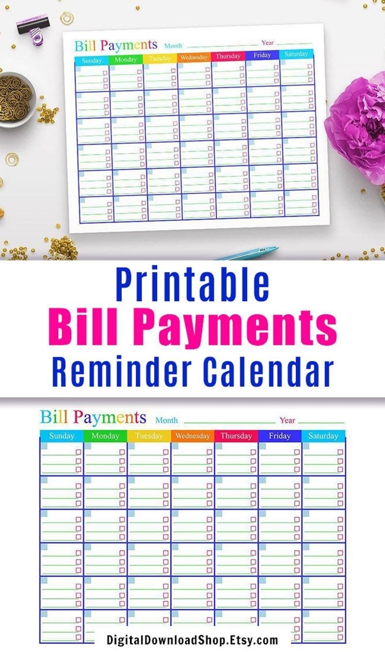 Bill Payments Calendar, Bills Tracker, Bill Calendar, Bills-Monthly Bill Pay Calendar Printable
