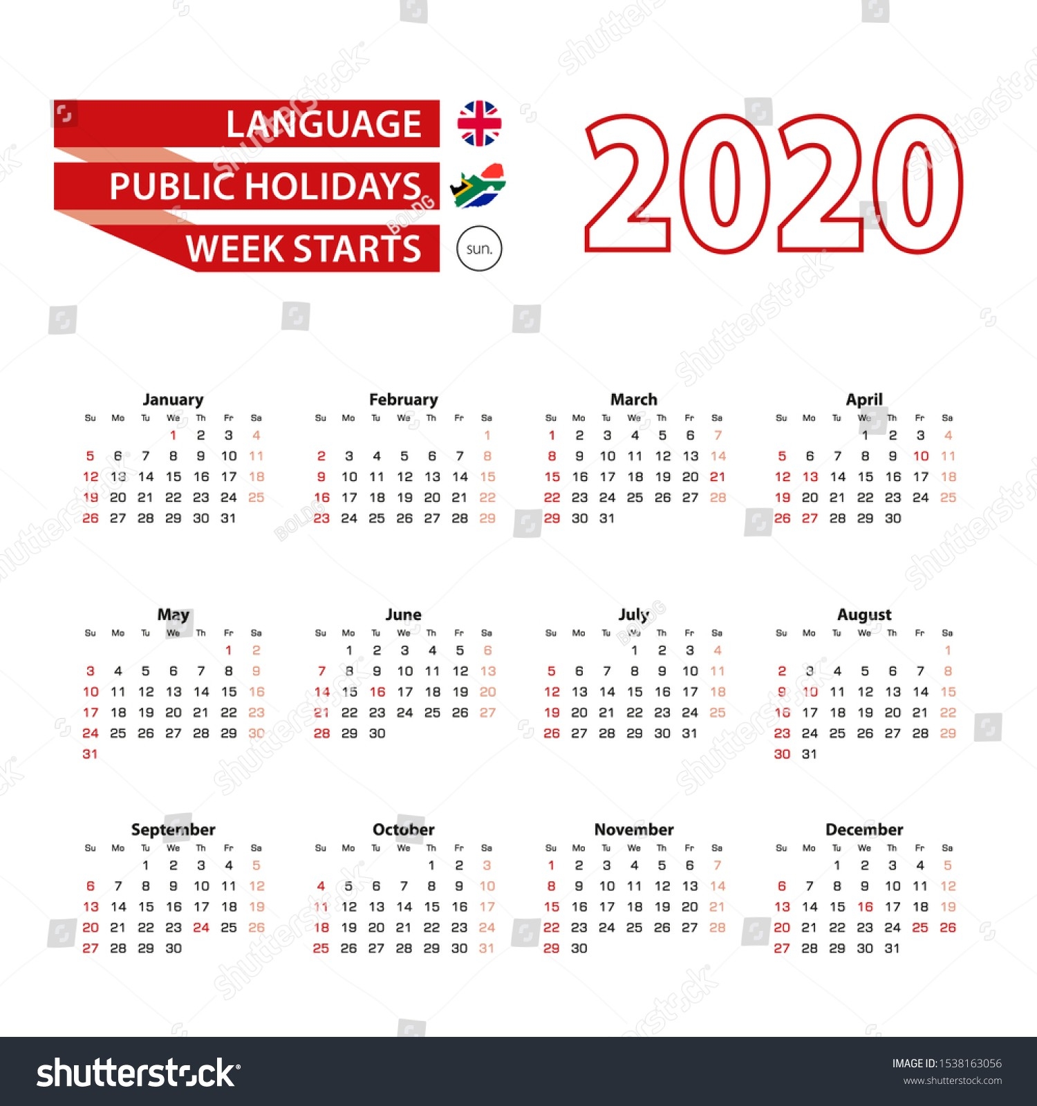 Calendar 2020 English Language Public Holidays Stock Vector-Sa Calendar With Public Holidays 2020