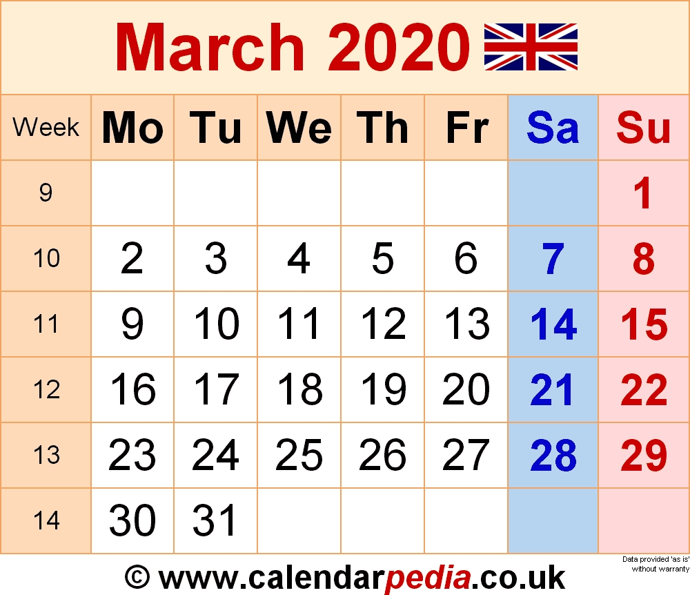 Calendar March 2020 (Uk) With Excel, Word And Pdf Templates-2020 Uk Monthly Calendar Uk