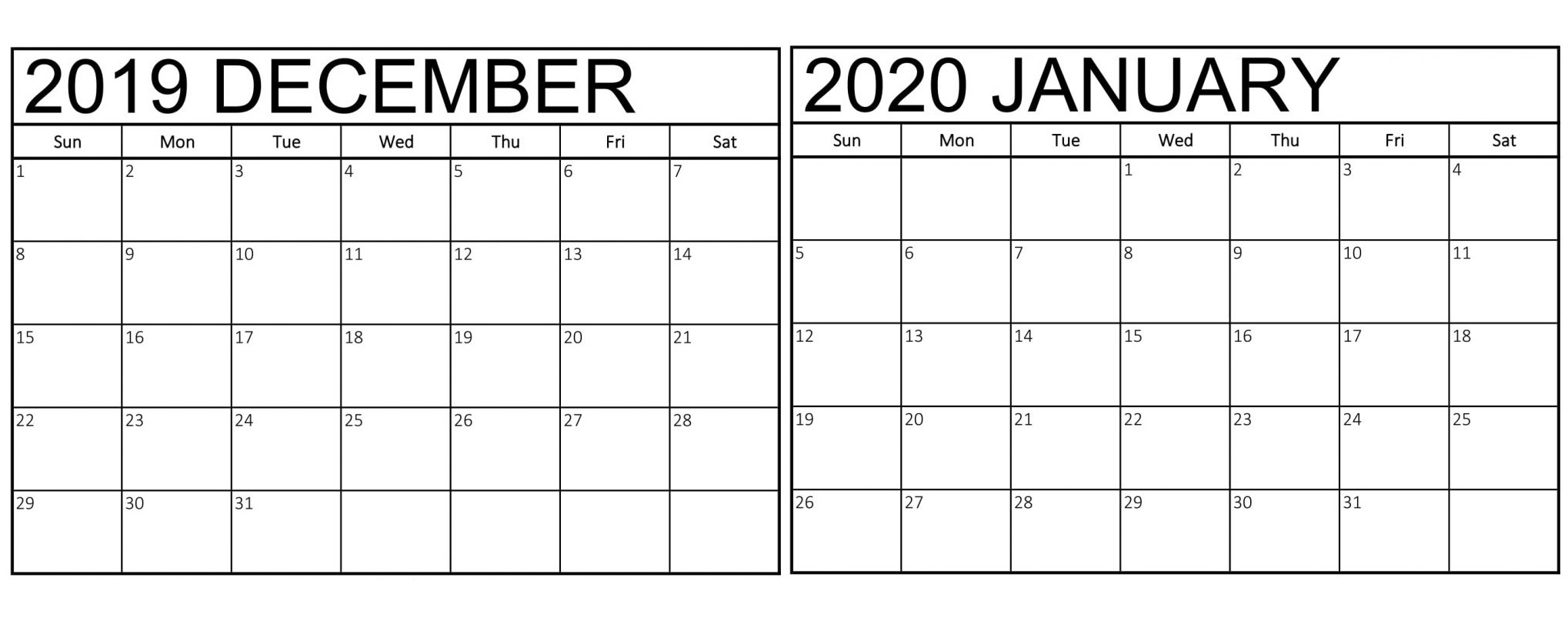 Cute December 2019 January 2020 Calendar Wallpaper - 2019-January Thru December 2020 Printable Monthly Calendar