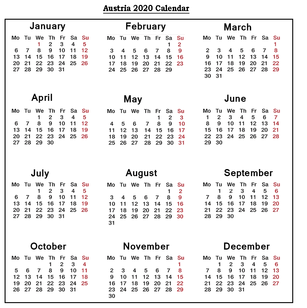 ❤️free Austria 2020 Printable Calendar With Public-Calender With Public Holidays