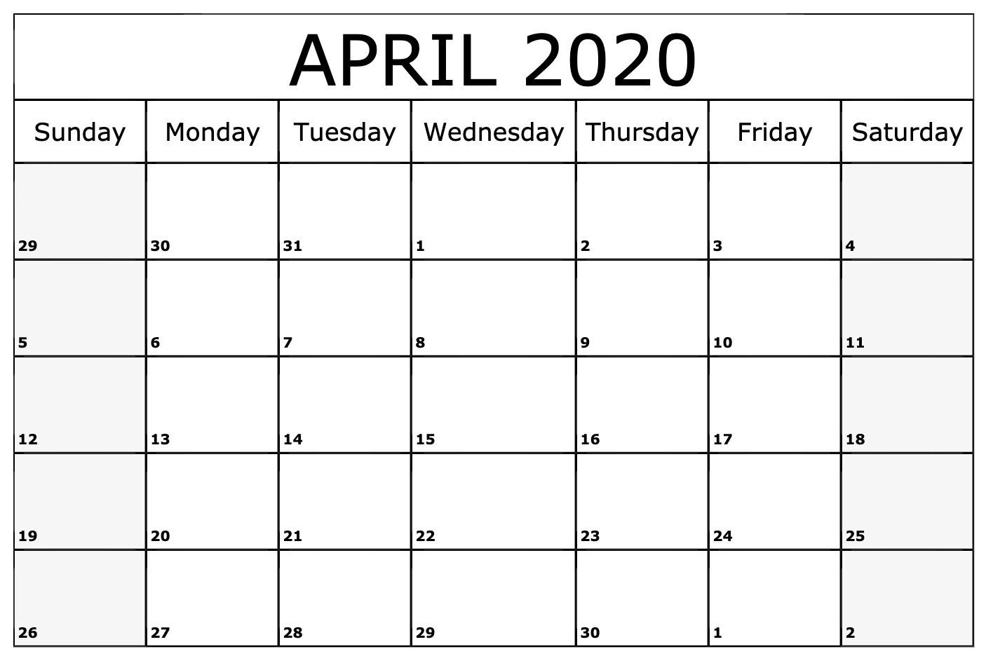 Editable April 2020 Calendar To Print Pdf Word Blank Blank-Monthly Calendar Template 2020 Printable Blank Starting Monday