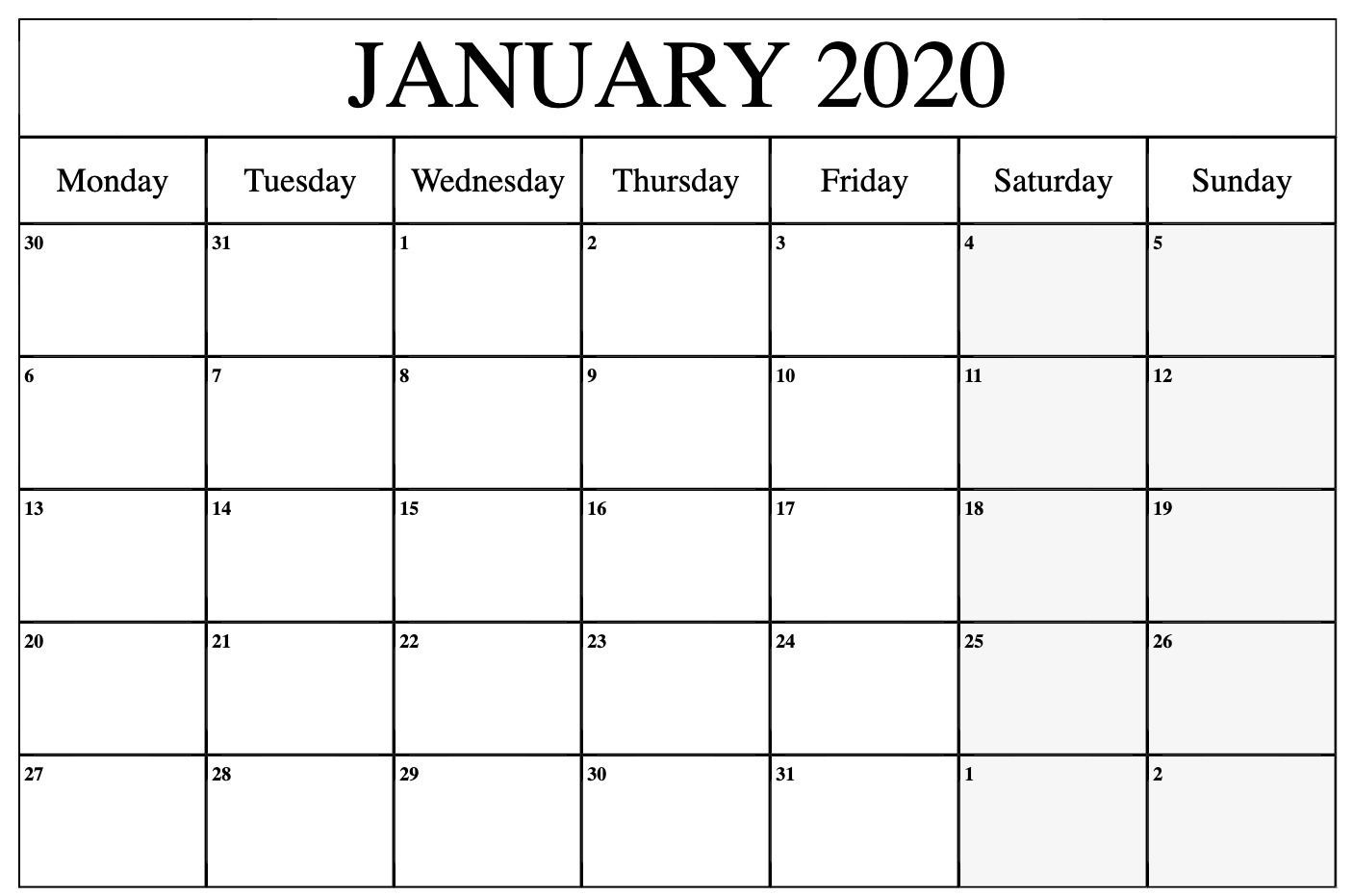 Free January 2020 Calendar Printable Template Pdf, Word-Monthly Calendar Monday To Friday