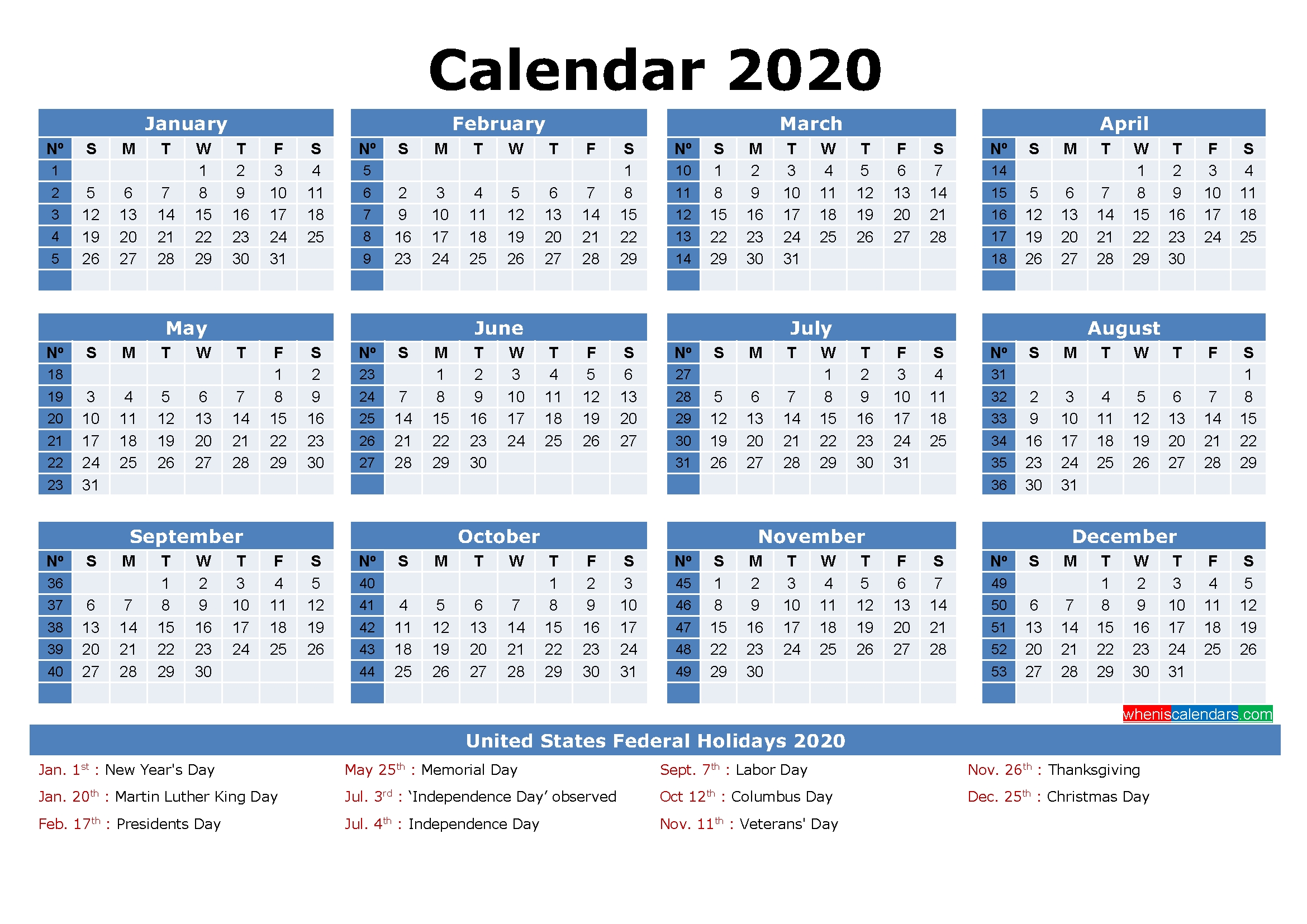 Monthly Calendar With Julian Dates 2020 Calendar Template Printable