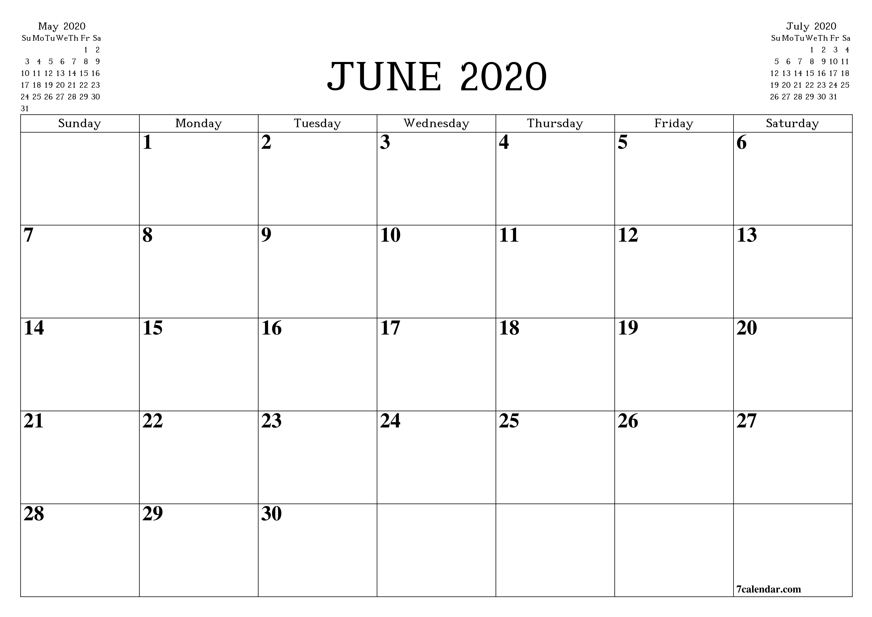 Free Printable Blank Monthly Calendar And Planner For June-Blank Printable Calendar 2020 Monthly