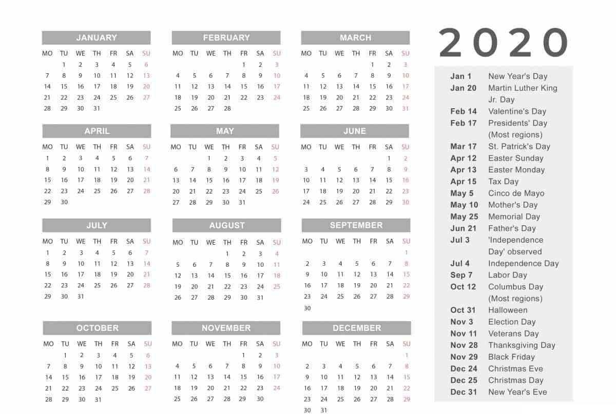 Free Yearly 12 Month Calendar One Page Template Printable-Payroll Calendar Template 2020