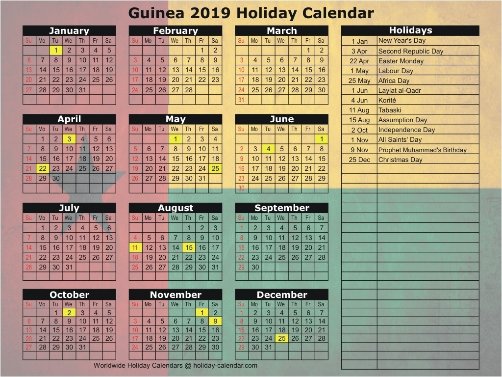 Guinea 2019 / 2020 Holiday Calendar-Calender With Public Holidays