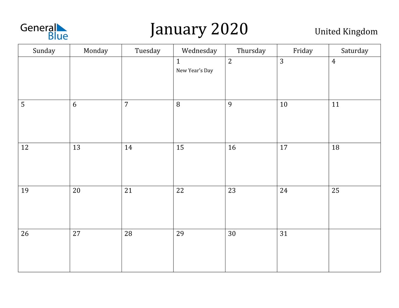 January 2020 Calendar - United Kingdom-2020 Uk Monthly Calendar Uk