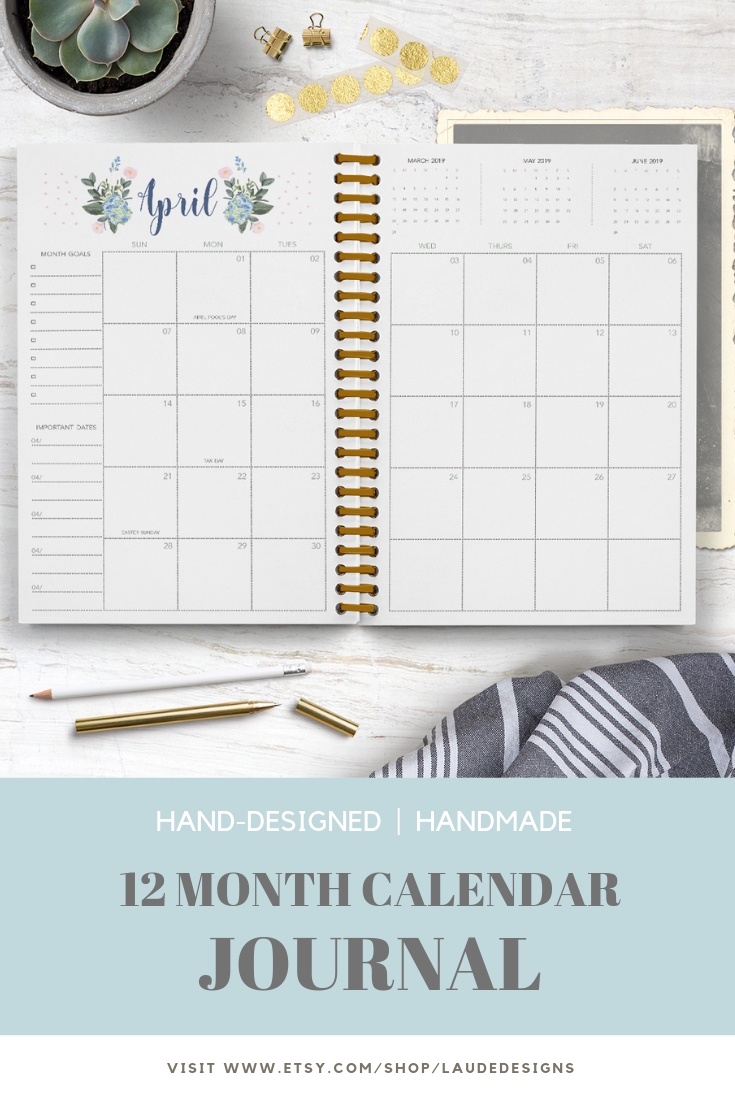 Magnolia Calendar Journal / 2019 Calendar / Notebook / Lined-Notebook With Monthly Calendar