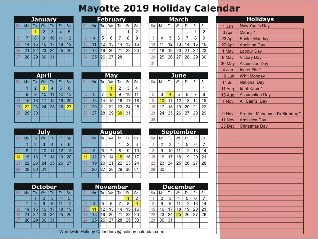 Mayotte 2019 / 2020 Holiday Calendar-Calender With Public Holidays