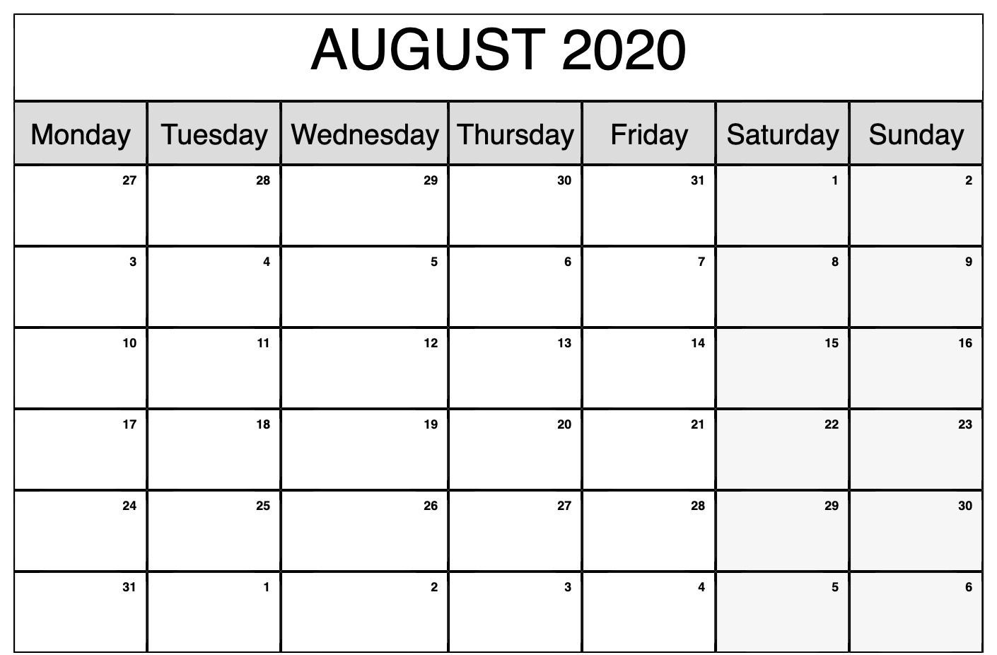 Monthly Calendar Template August 2020 | Monthly Calendars-Monthly Calendar Monday To Friday