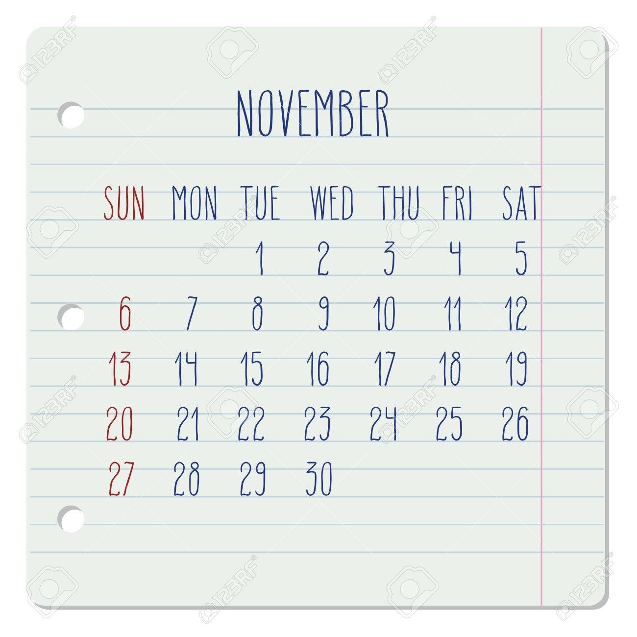 November 2016 Vector Monthly Calendar On A Lined Notebook Page-Notebook With Monthly Calendar